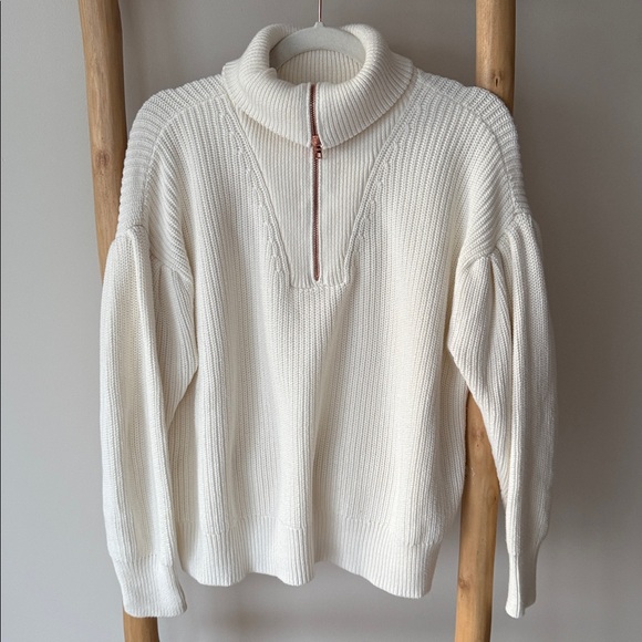 525 America Ivory Cable Knit Fold Collar Half Zip Drop Puff Sleeve Sweater S - Picture 7 of 11